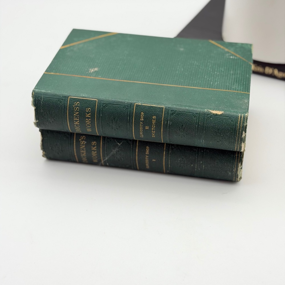 Antique Charles Dickens Works 1876 Old Curiosity Shop Sketches 2 Vol Set Green